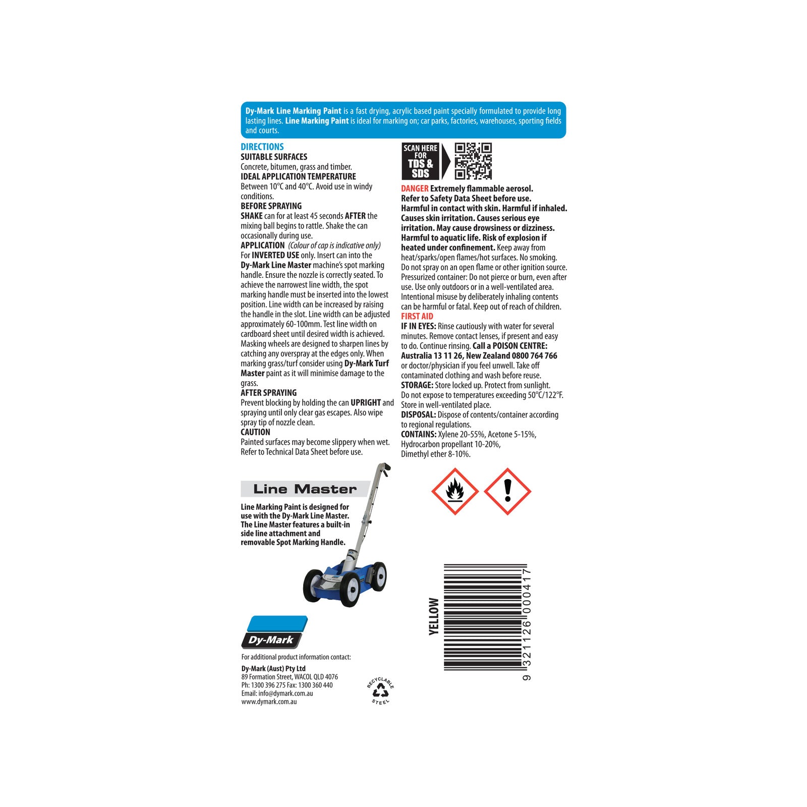 Dy-Mark 500g Black Line Marking Spray Paint, Acrylic, Indoor and Outdoor