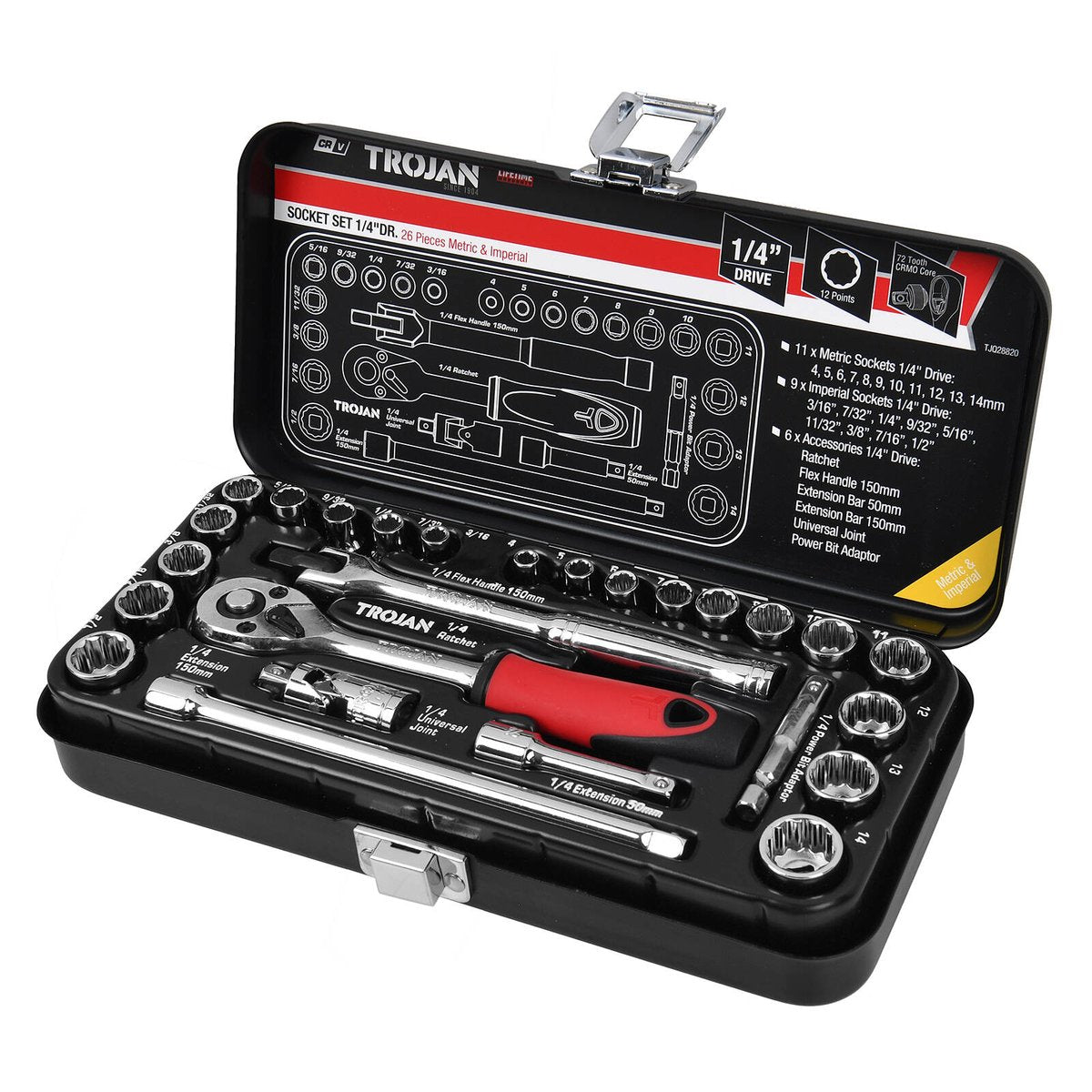 Trojan 26 Piece 1/4" Drive Socket Set - Metric & Imperial - Lifetime Warranty - SuperSaverAU - view 1
