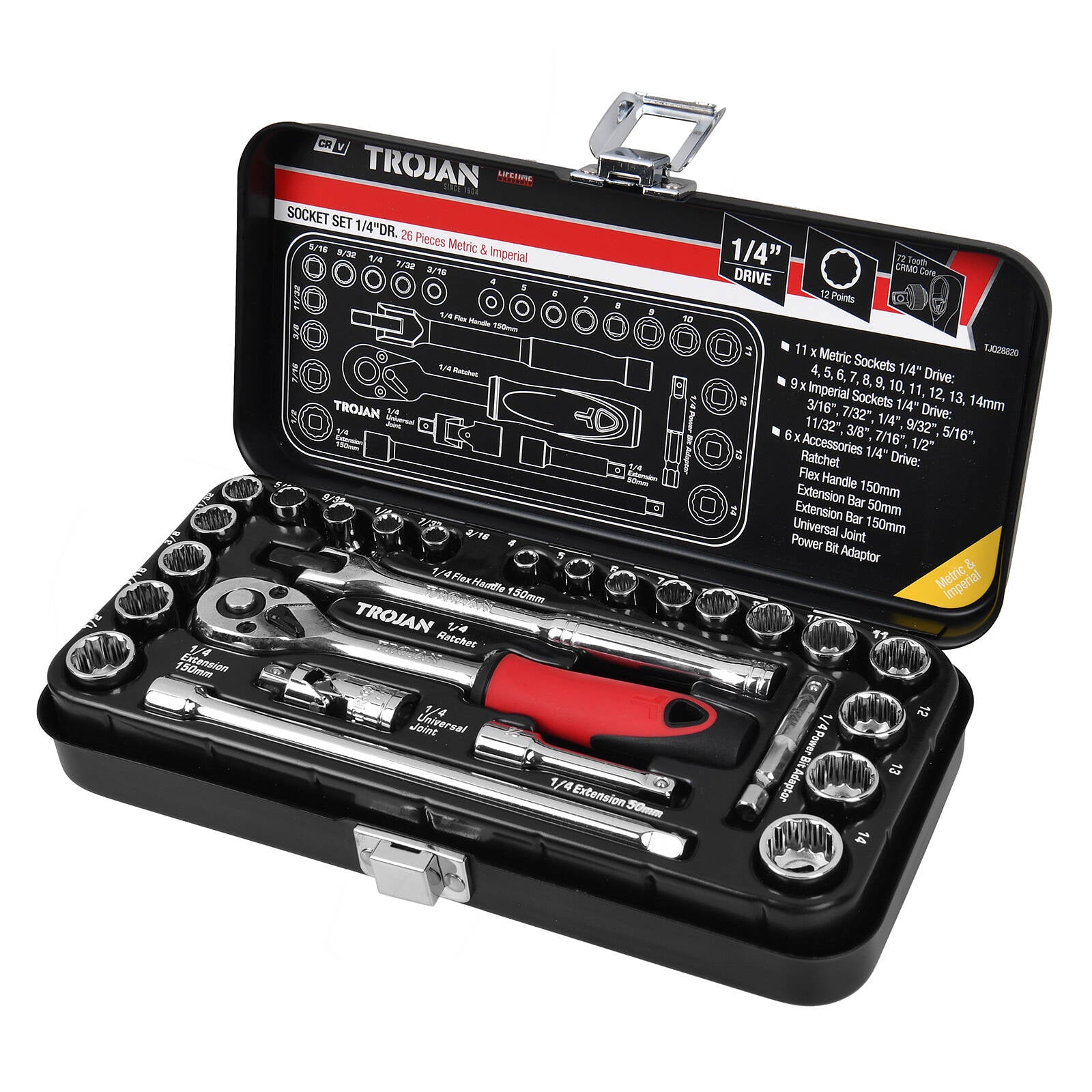 Trojan 26 Piece Socket Tin Set 1/4" Drive Metric & Imperial Chrome Vanadium