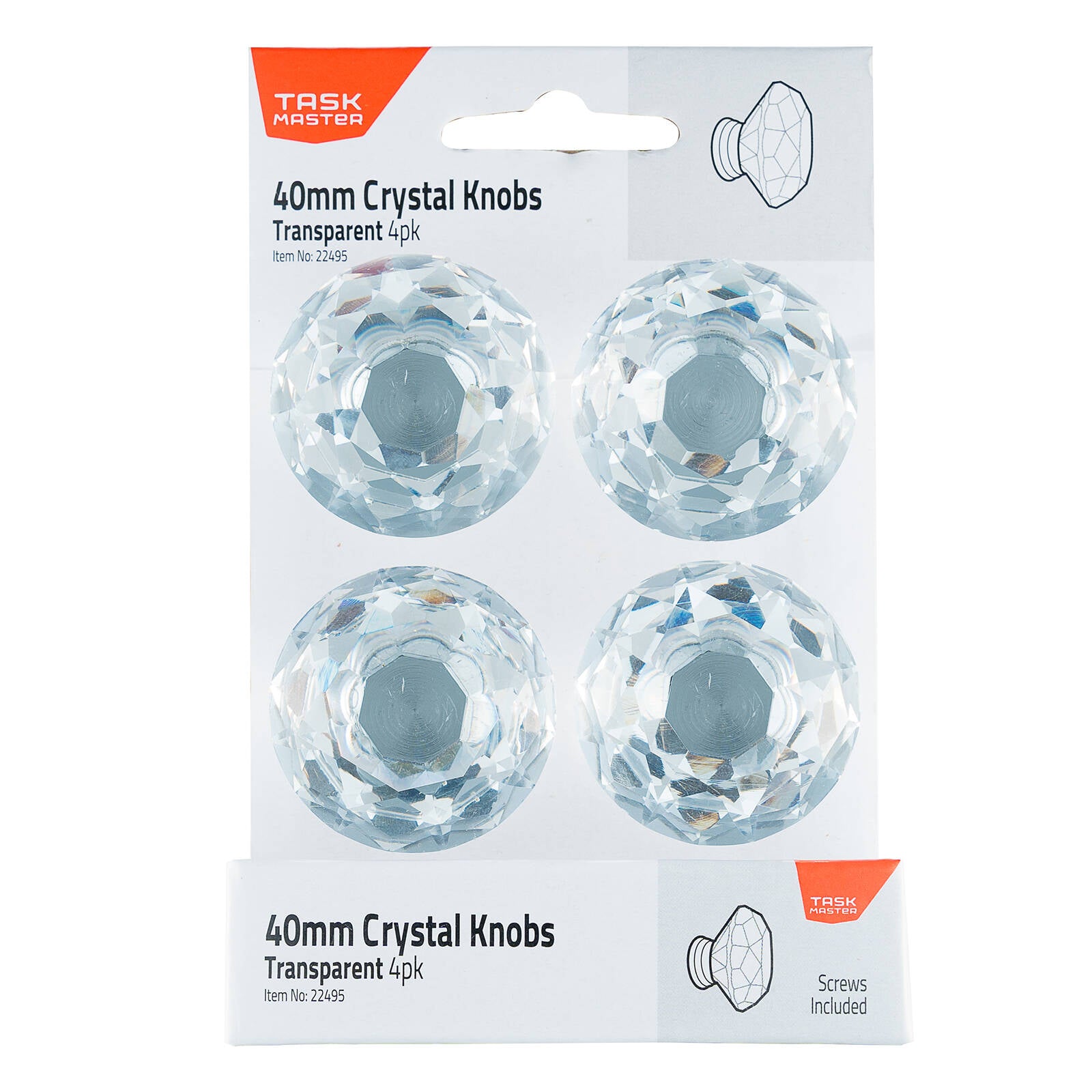 Taskmaster 40mm Crystal Knobs - 4 Pack, Transparent Cabinet Knobs
