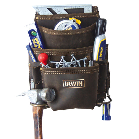 IRWIN 10 Pocket Leather Nail and Tool Bag, Brown, Weather Resistant
