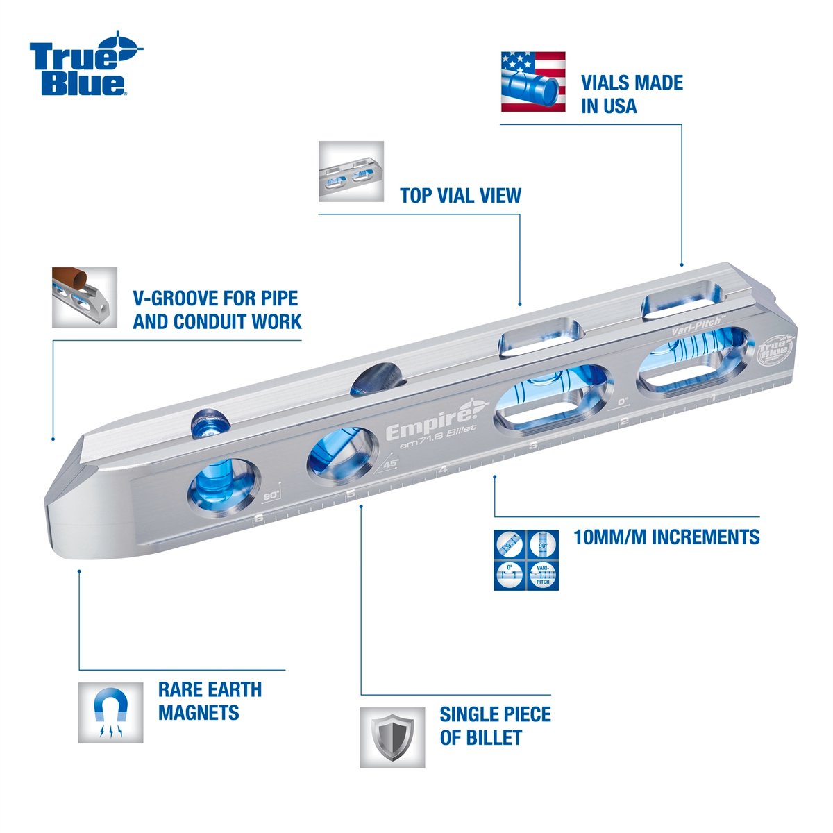 Empire 205mm True Blue Magnetic Billet Torpedo Level - Silver - SuperSaverAU - view 4