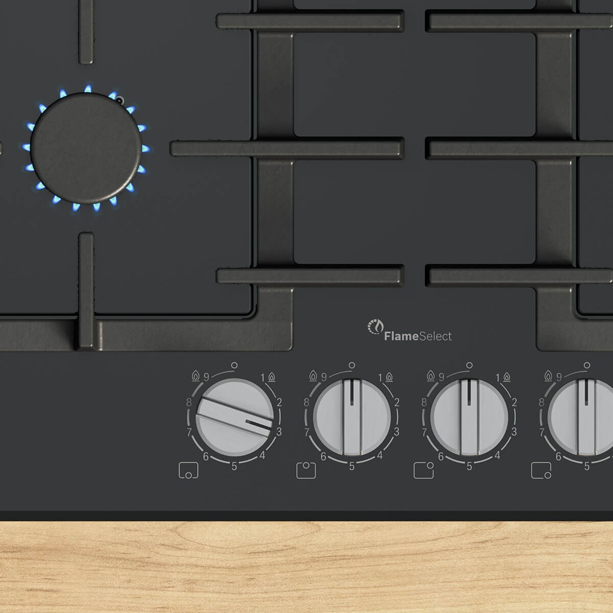 Bosch 90cm Series 6 Gas Cooktop - Black Tempered Glass, Five Burners, FlameSelect, Wok Burner - PPM9A6I40A