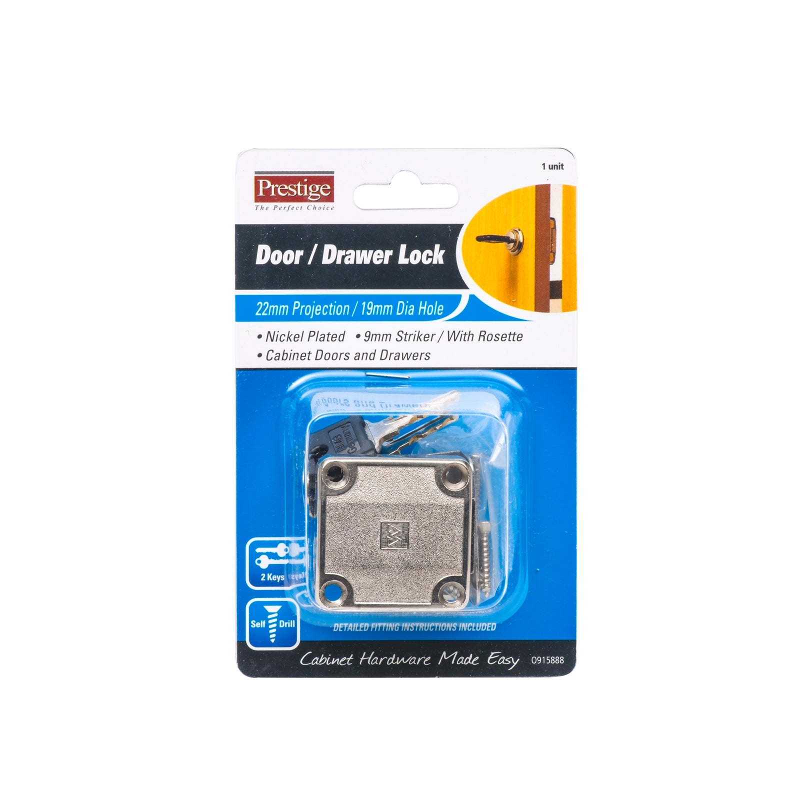 Prestige 110 x 19mm Square Nickel Plated Door & Drawer Lock, Brass & Steel, 2 Keys & Strike