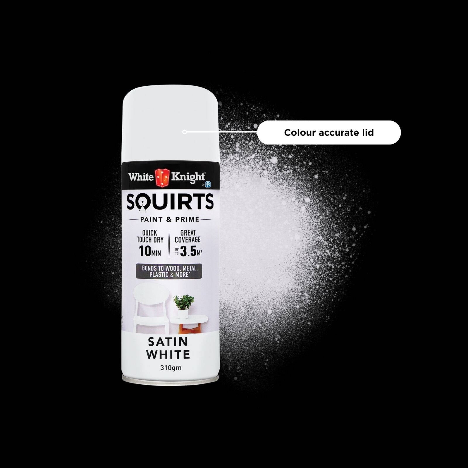 White Knight Squirts White Satin Spray Paint 310g - Solvent-Based Paint & Primer, Waterproof