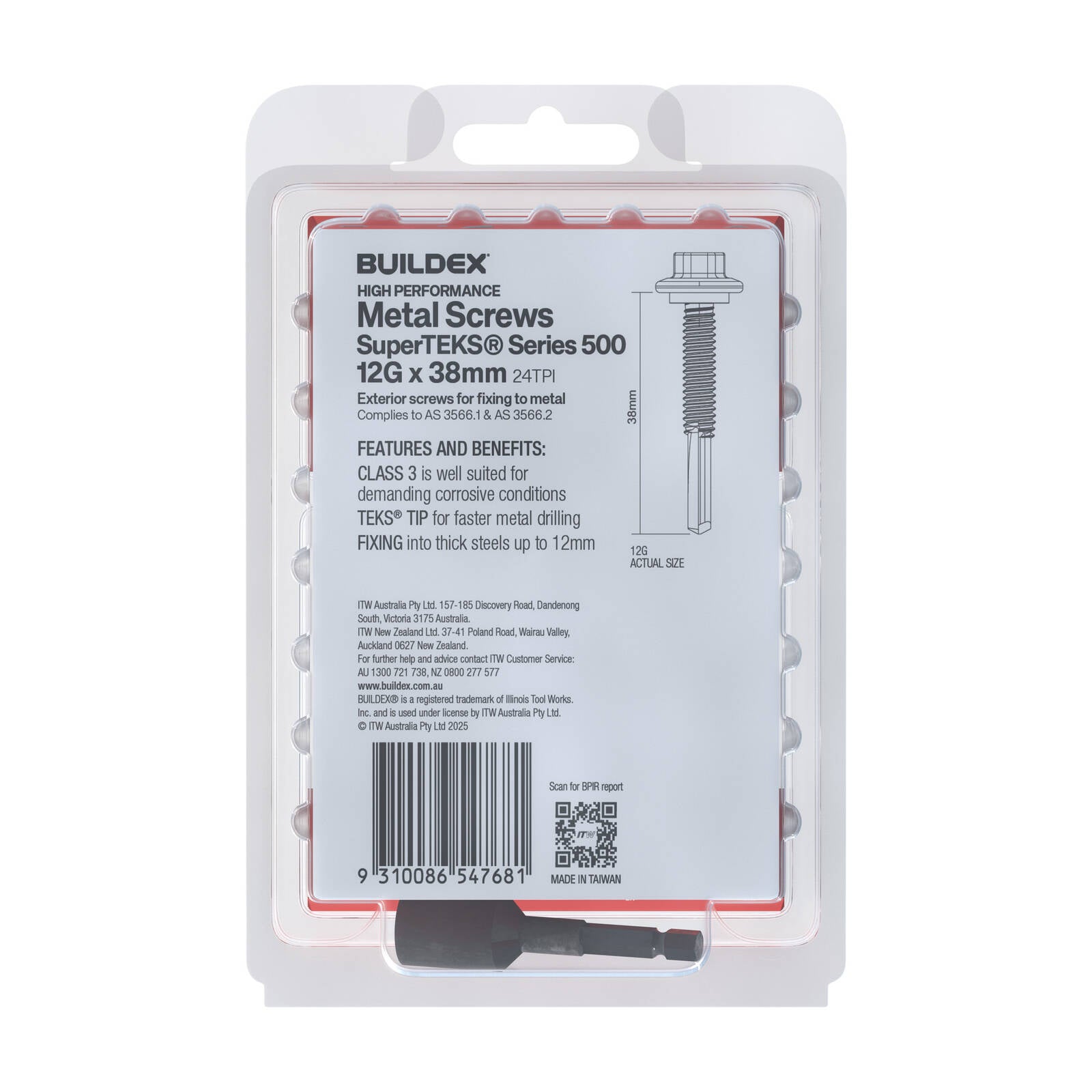 Buildex 12G x 38mm Class 3 Galvanised SuperTEKS Hex Head Self-Drilling Screws, 50 Pack