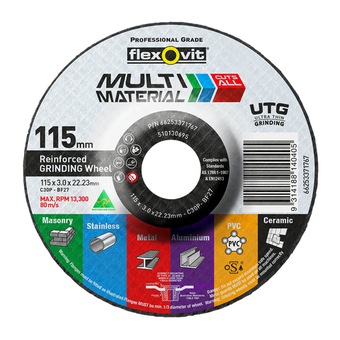 Flexovit Grinding Wheel 115mm x 22mm Multi Material Ultra Thin - SuperSaverAU - view 1