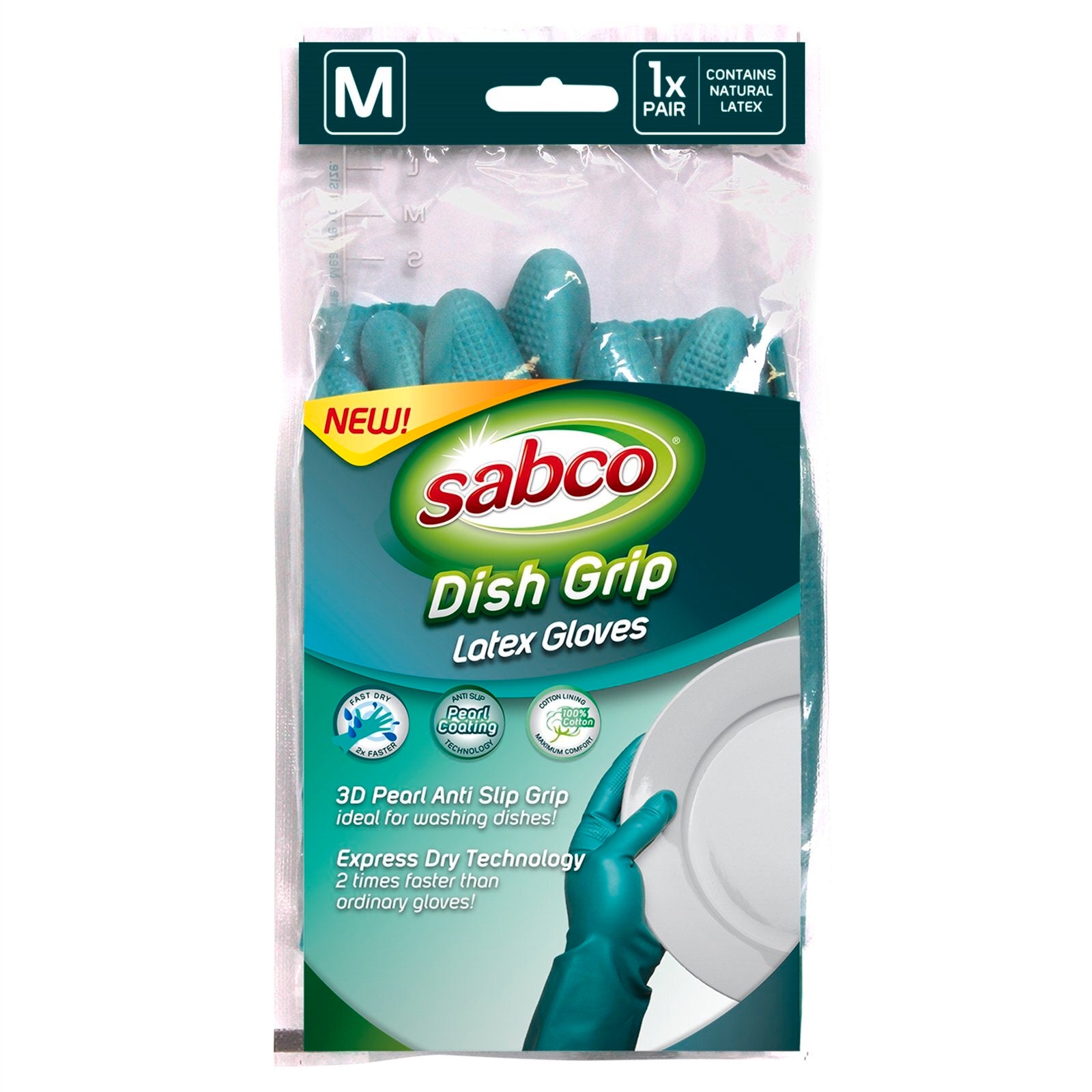 Sabco Dish Grip Latex Gloves Medium 1 Pair Pearl Aqua