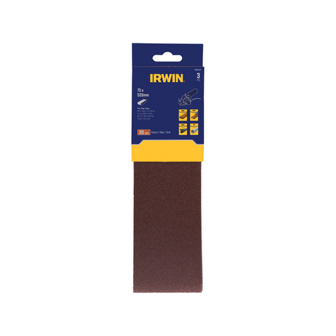 Irwin 75 x 533mm 80 Grit Sanding Belt 3 Pack for Wood & Metal