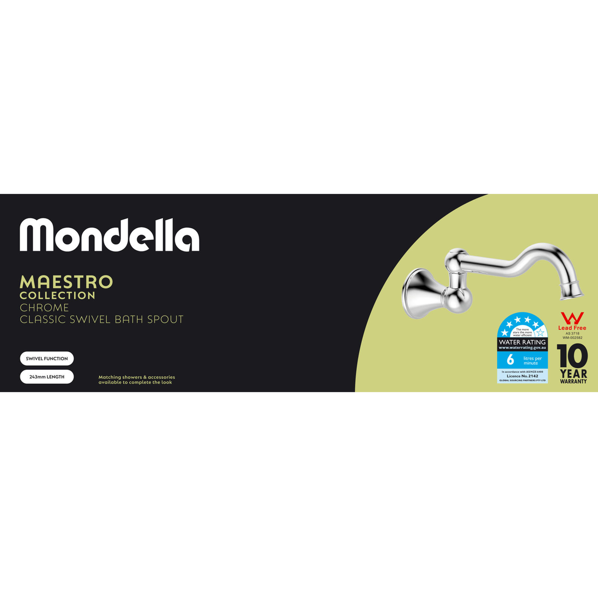 Mondella Maestro Classic Swivel Bath Spout 243mm Chrome Lead Free Brass 6L/min 5 Star WELS