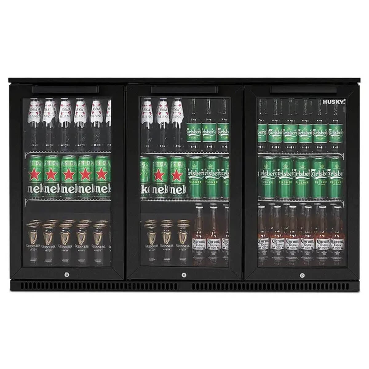 Husky 307L triple door outdoor beverage fridge - black, anti-condensation glass doors - ALFC3BLK840ELB