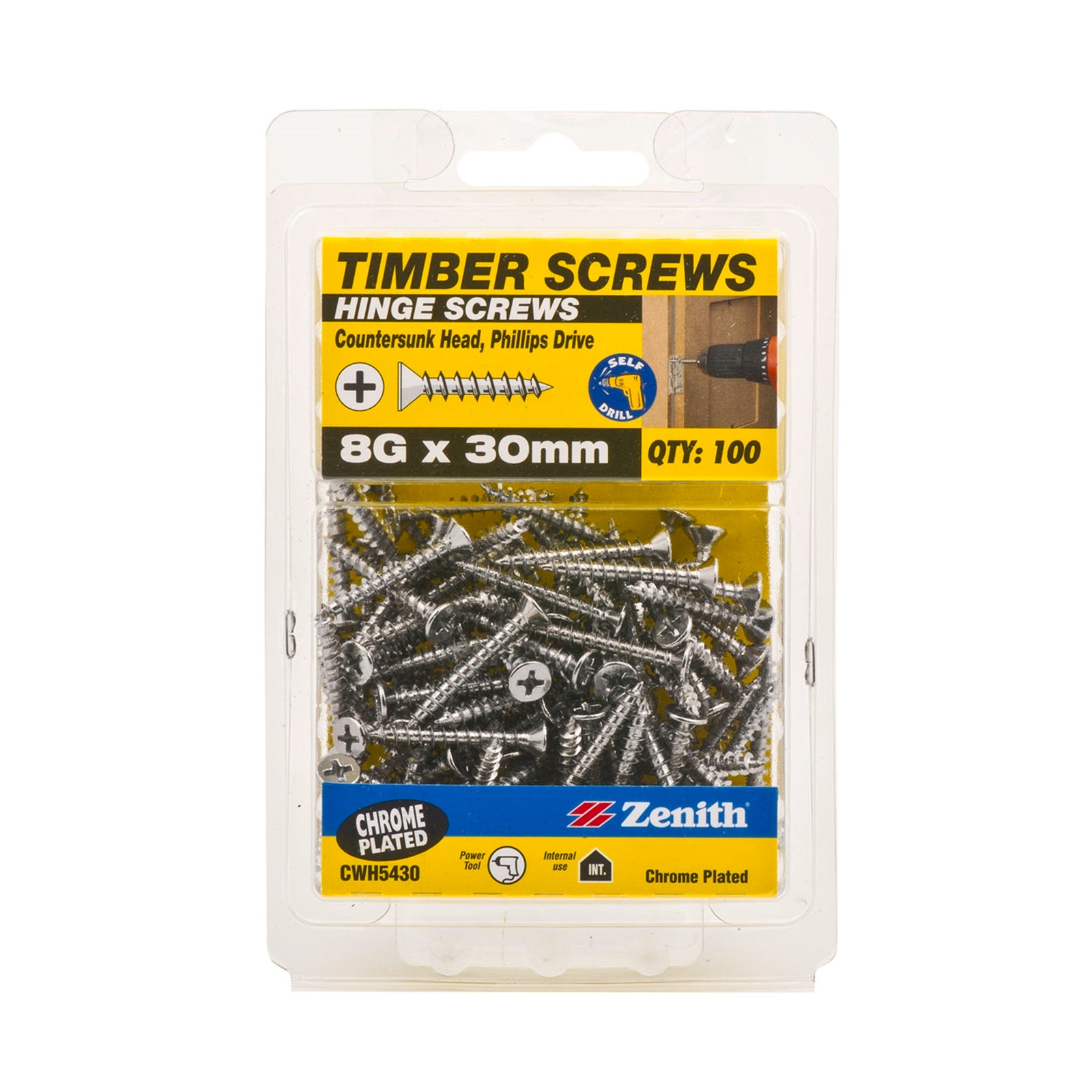 Zenith 8G x 30mm Chrome Plated Countersunk Hinge Timber Screws - 100 Pack