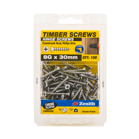 Zenith 8G x 30mm Chrome Plated Countersunk Hinge Timber Screws - 100 Pack