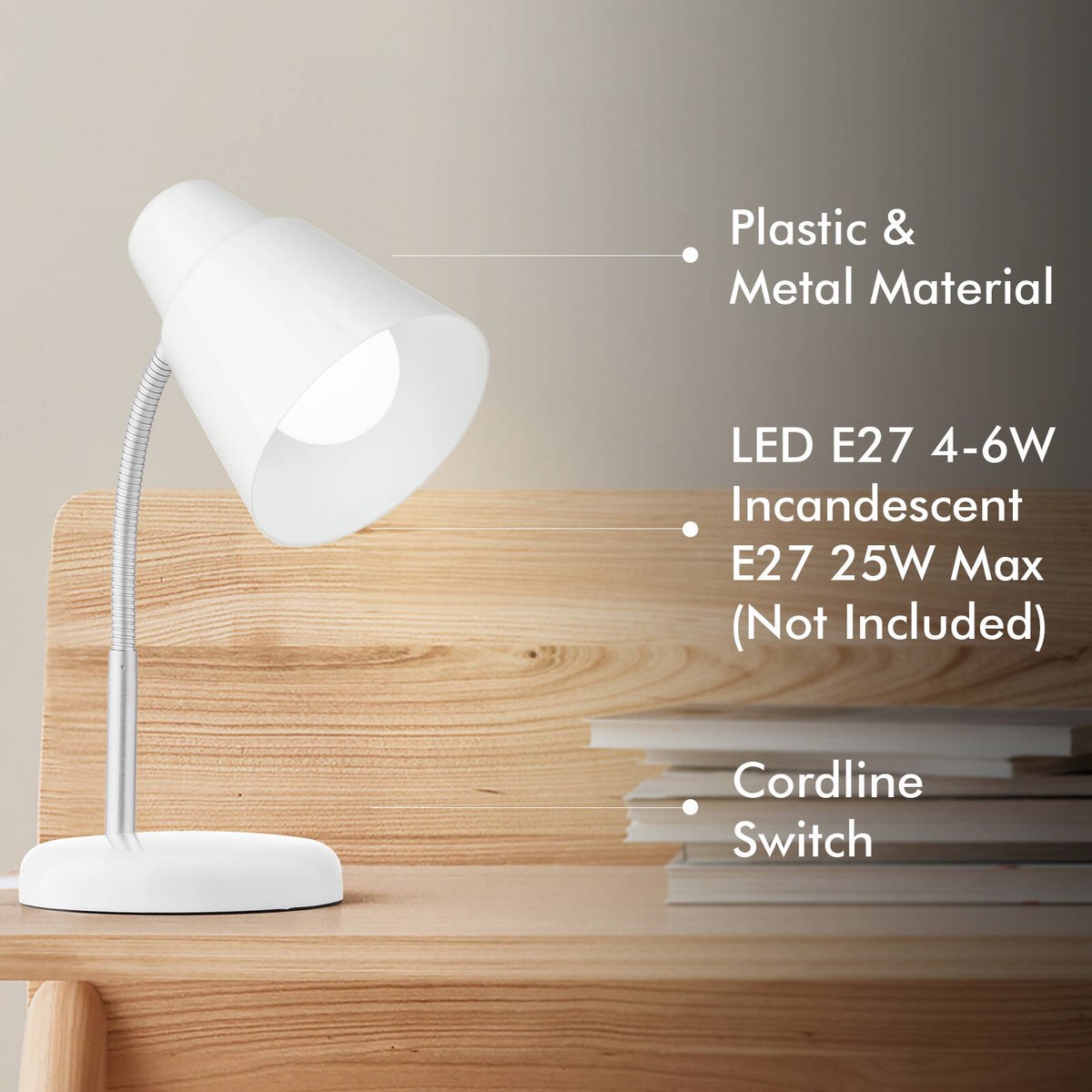 Verve Design Brylee White Adjustable Desk Lamp 25W Plastic & Metal ATL153WH