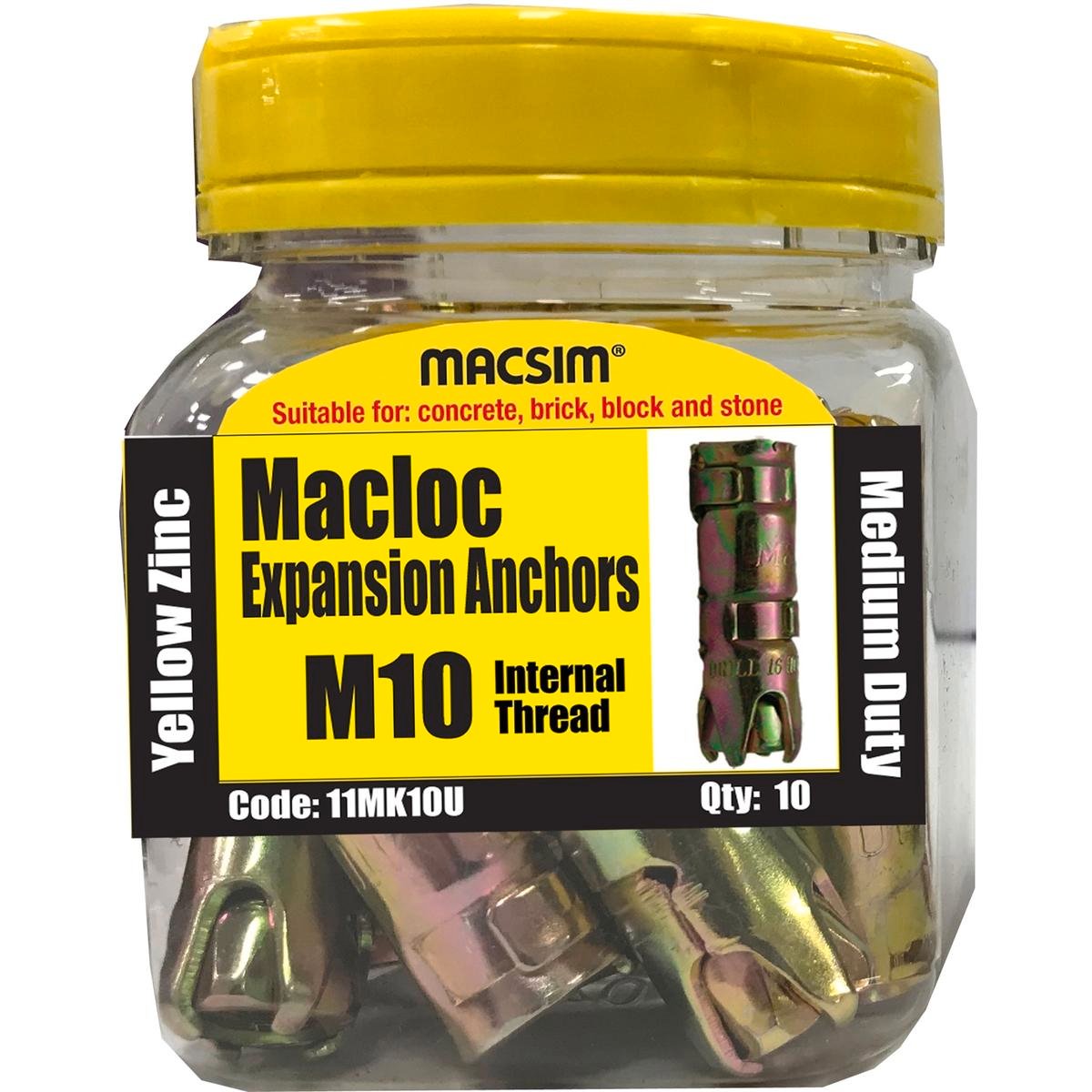 Macsim M10 Yellow Zinc Medium Duty Macloc Anchor 10 Pack Steel