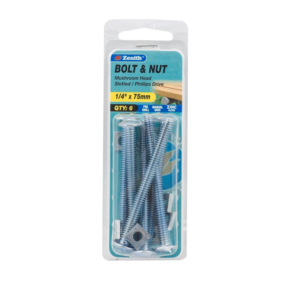 Zenith 1/4" x 75mm Zinc Plated Mushroom Head Bolt and Nut - 6 Pack