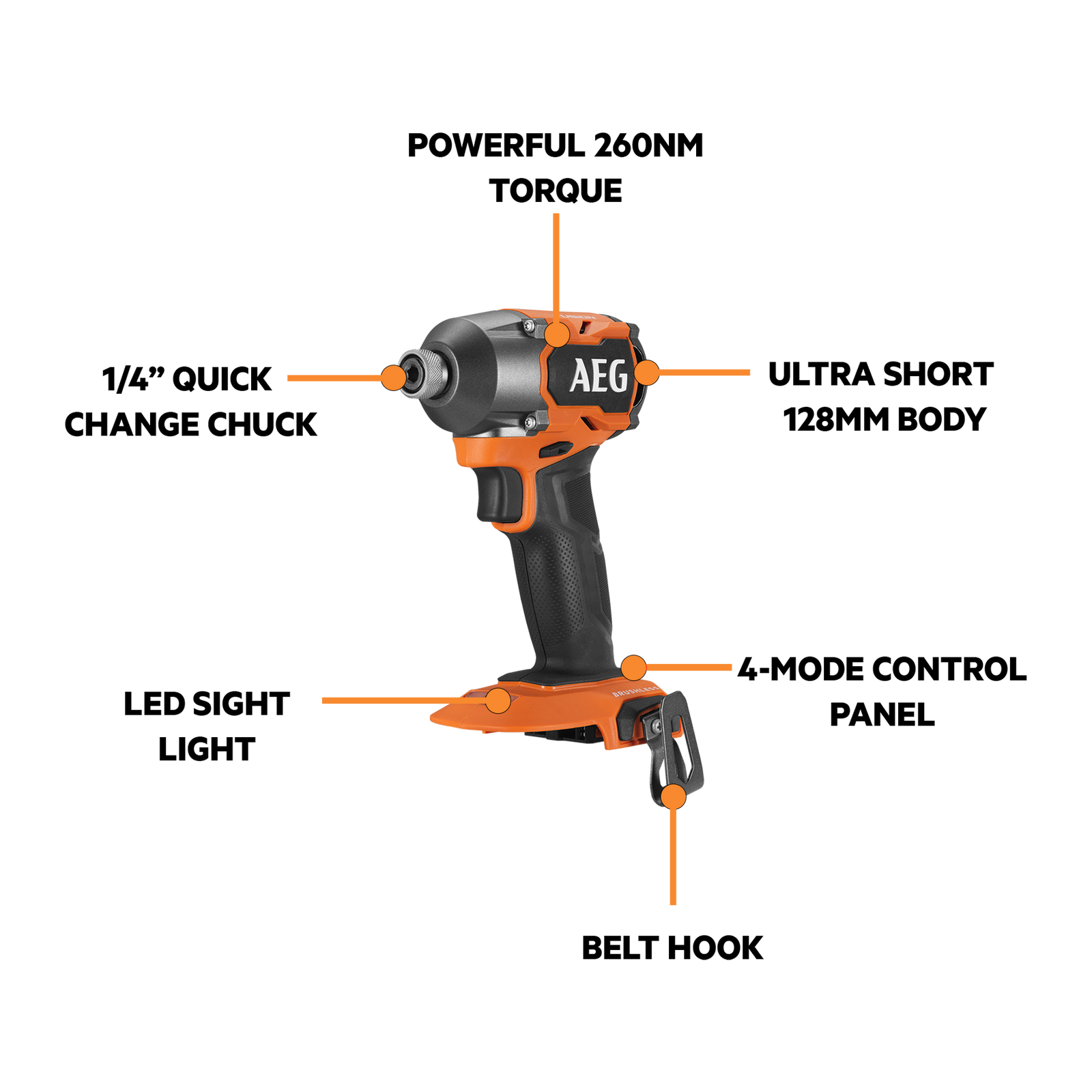 AEG 18V FUSION Brushless 4-Mode Impact Driver 260Nm Skin Only A18FID0