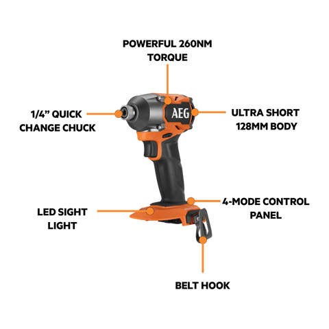 AEG 18V FUSION Brushless 4-Mode Impact Driver 260Nm Skin Only A18FID0