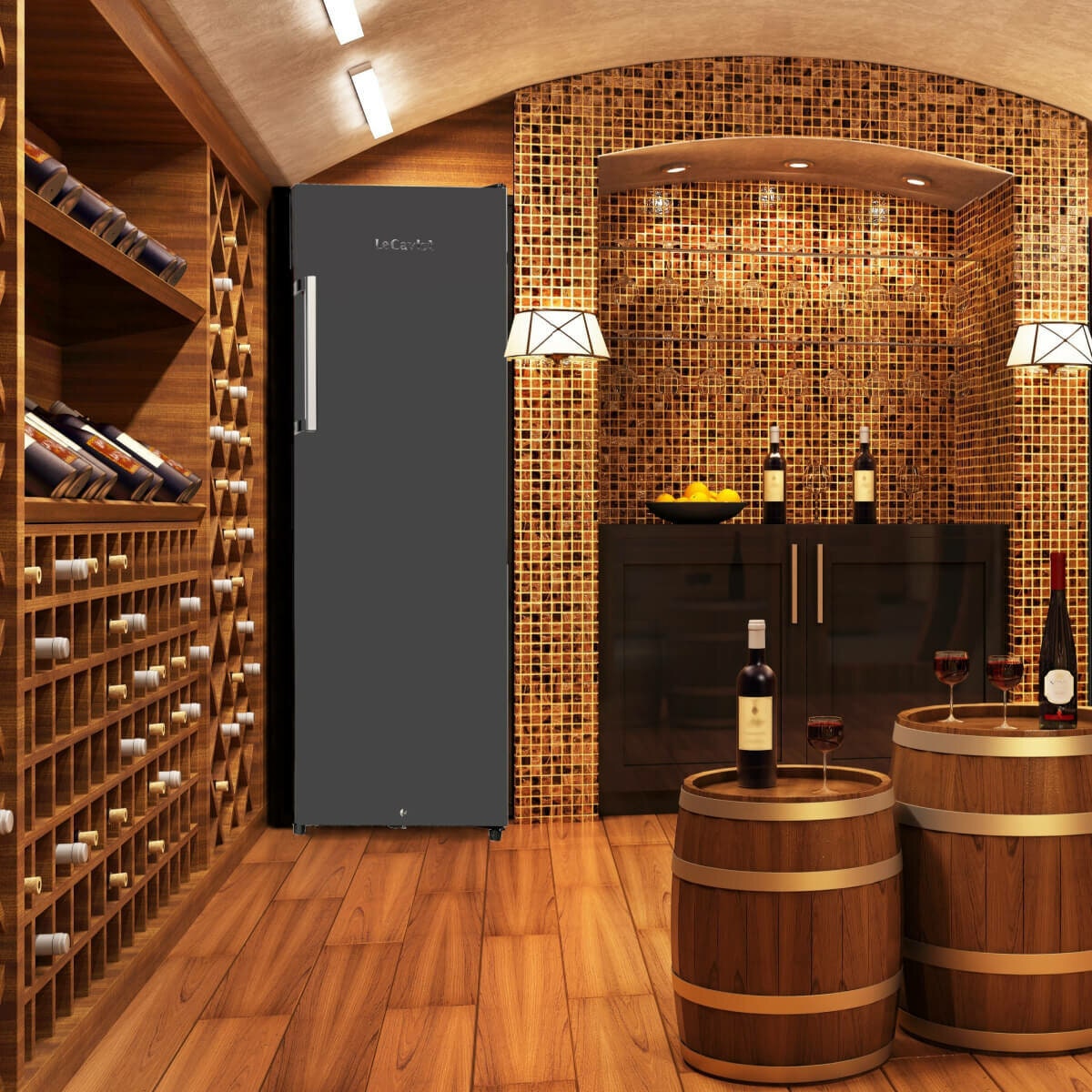LeCavist 168 Bottle Single Zone Ageing Wine Fridge - Black, Five Steel Shelves with Wood Trim - LKV168PNDX