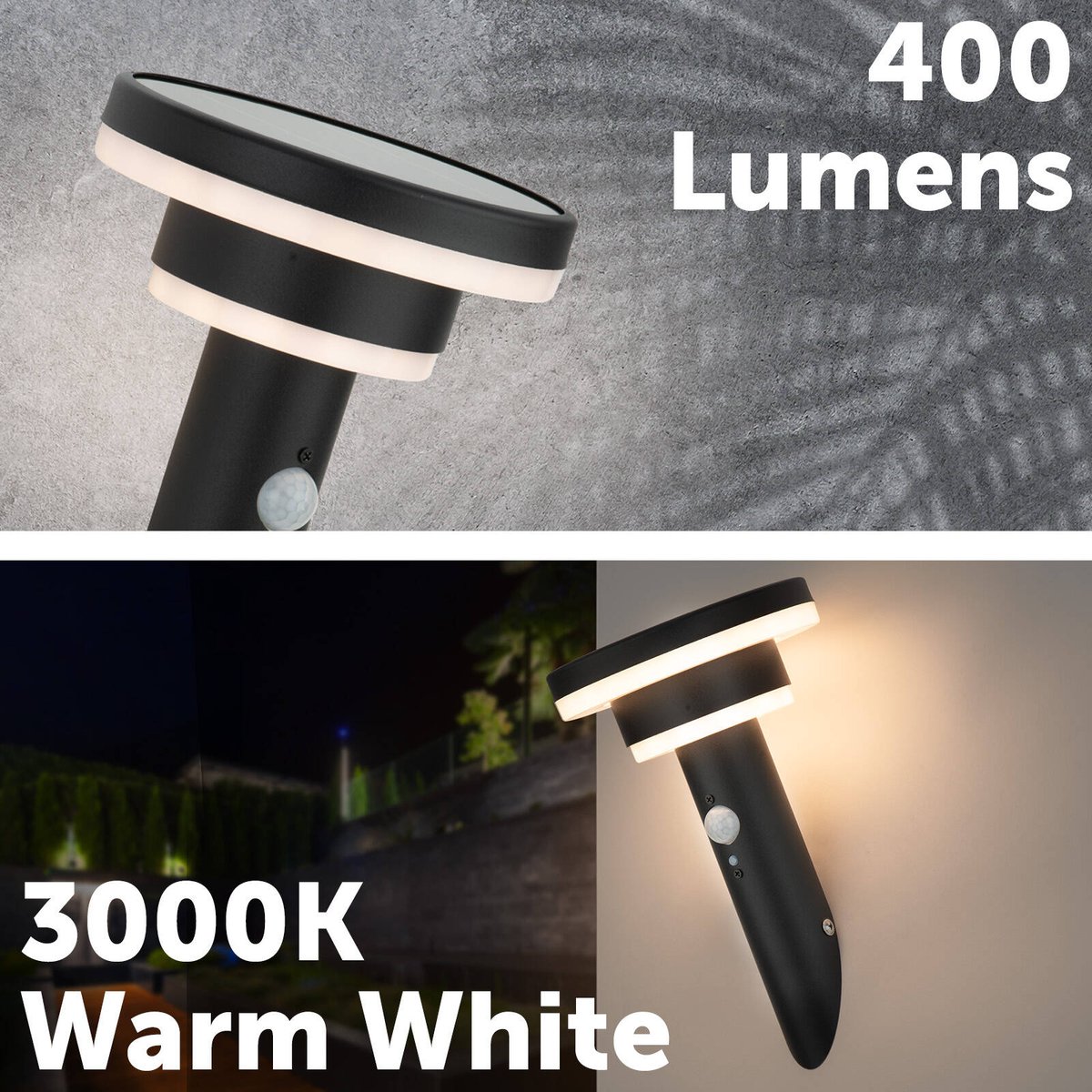Arlec 400lm Solar LED Wall Light 26cm Black - Motion Sensor - IP44 Weatherproof - SuperSaverAU - view 3