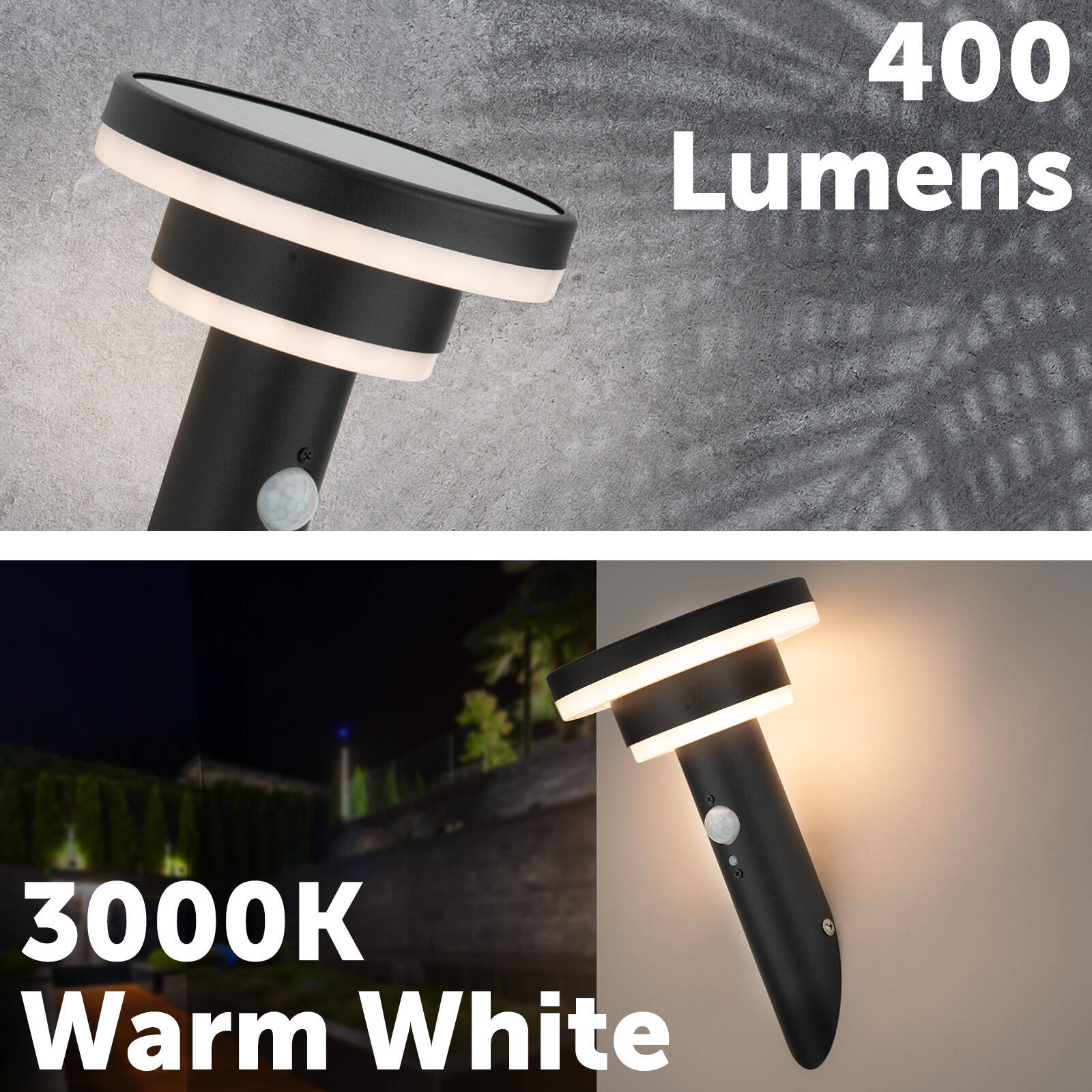 Arlec 400lm 26cm Black Solar LED Wall Light with Motion Sensor, Weather Resistant Outdoor LVS19U