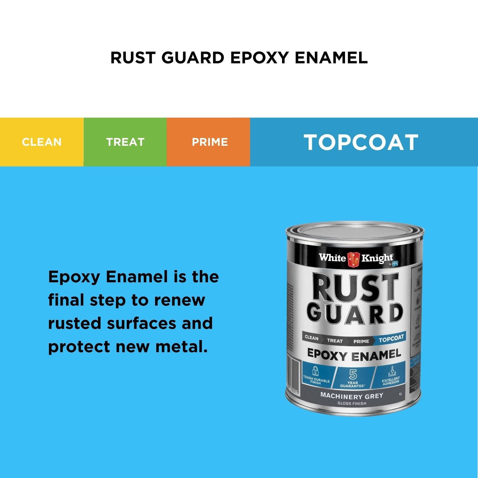 White Knight Rust Guard Epoxy Enamel Paint 1L - Machinery Grey Gloss, Solvent Based Metal Paint