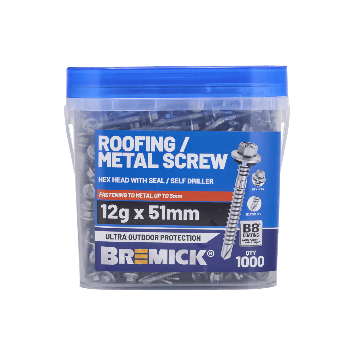 Bremick 12G x 51mm Roofing/Metal Hex Screw with Seal, Drill Point Fine Thread - 1000 Box