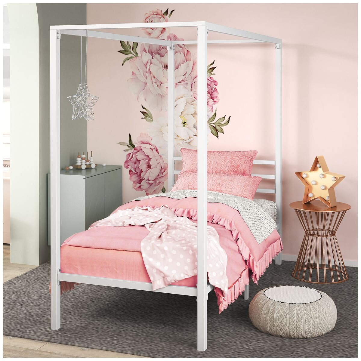 Zinus Patricia King Single Metal Canopy Bed Frame - White Steel Frame, 5 Year Warranty - AU-FBMCW1ZC-14B