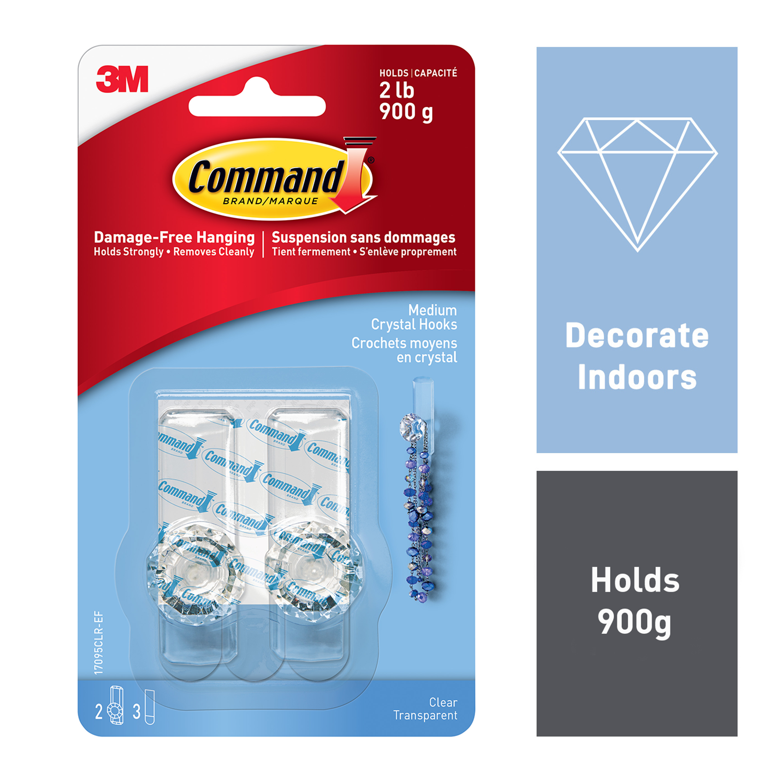 Command Medium Clear Adhesive Crystal Hooks - 2 Pack 900g Damage-Free
