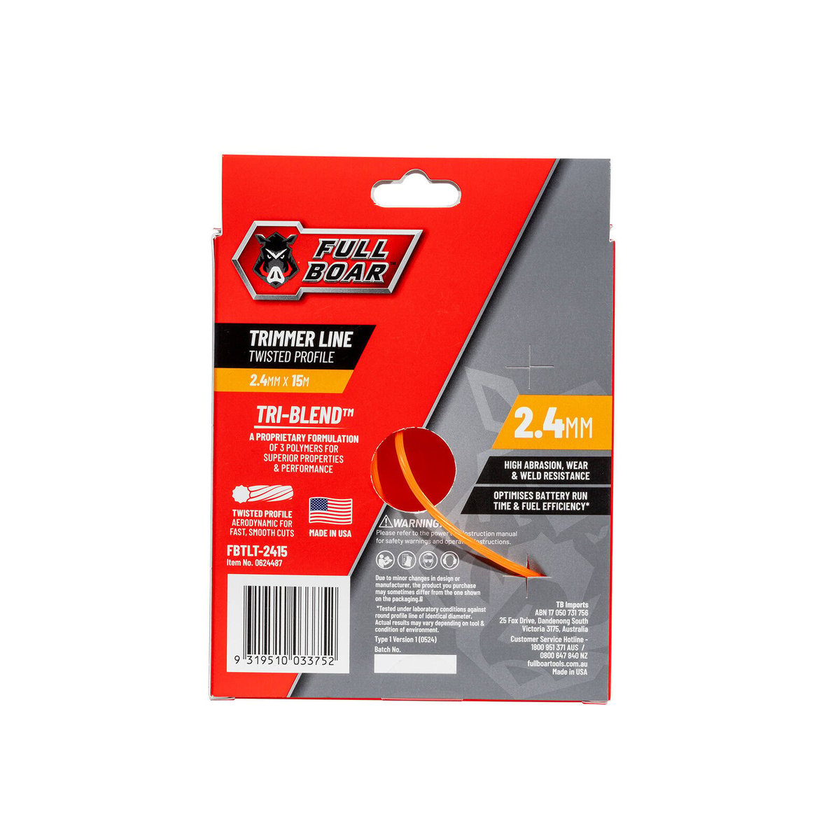 Full Boar 2.4mm x 15m Twisted Profile Trimmer Line - Whipper Snipper Cord