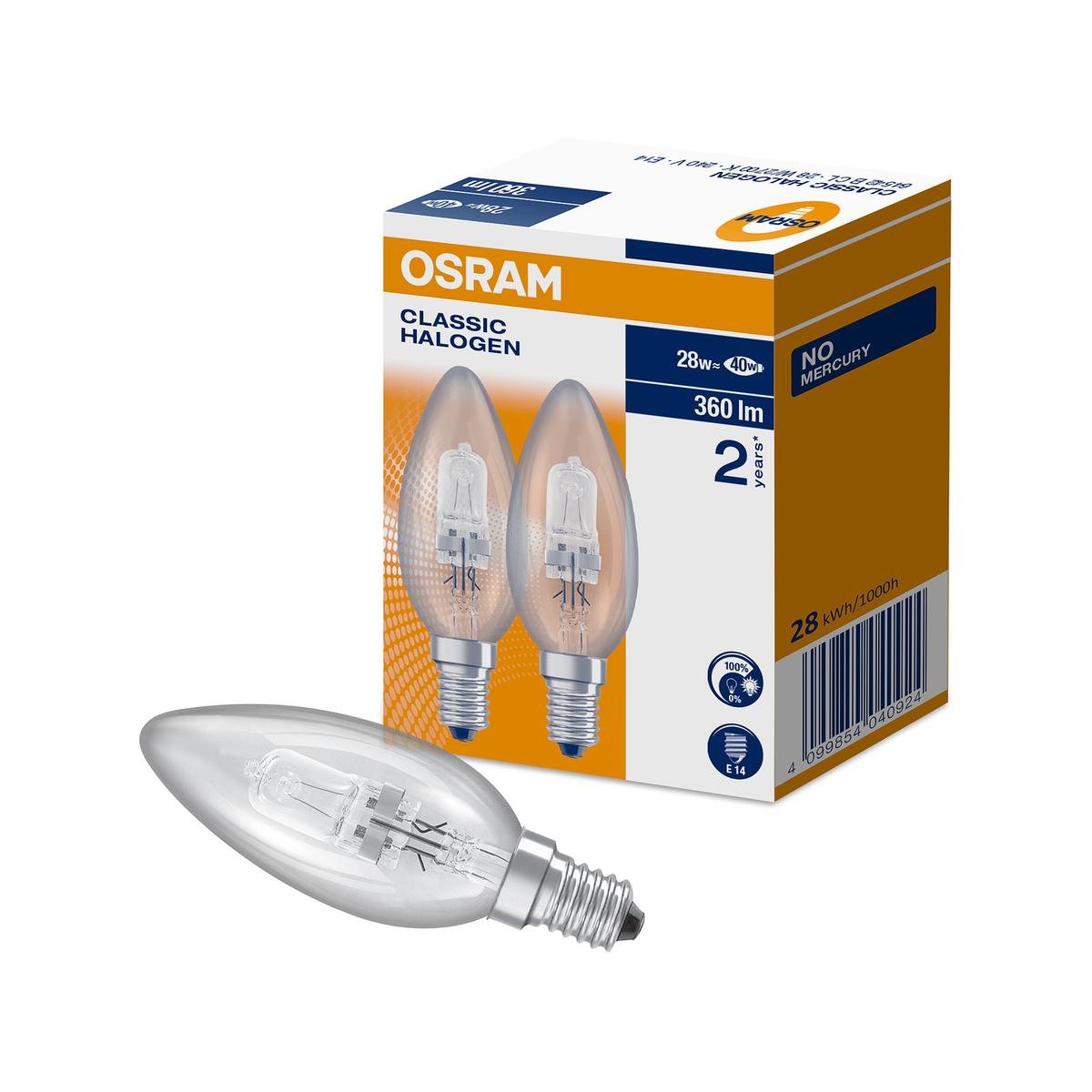 Osram SES Halogen Candle Light Globe 28W 2 Pack - 360lm - Clear - SuperSaverAU - view 1