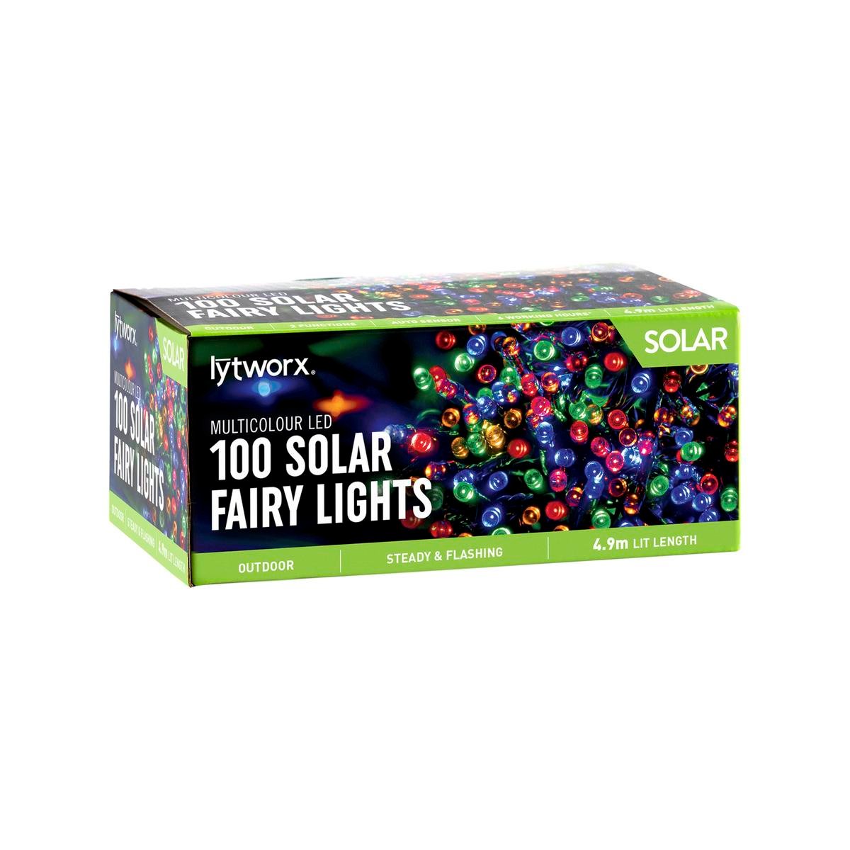 Lytworx 25205 100 Multicolour LED 2 Function Solar Fairy Lights - 4.9m - Weather Resistant - Outdoor