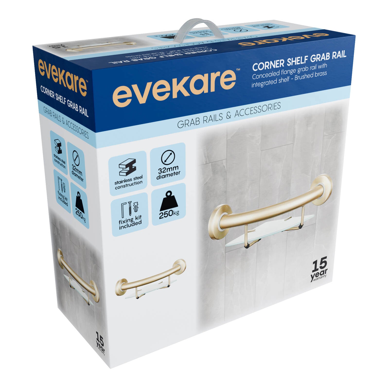 evekare Brushed Brass Corner Shelf with Grab Rail 270 x 120 x 275mm