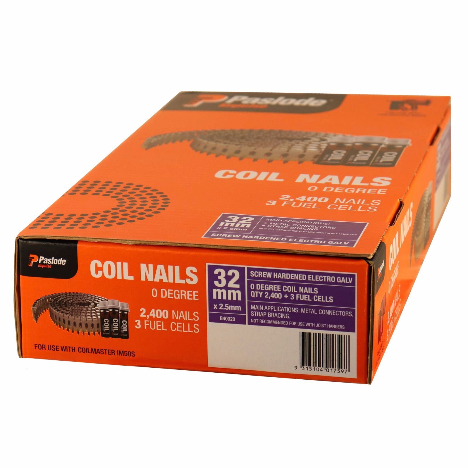 Paslode 32 x 2.5mm Impulse Screw Shank Coil Nails 2400 Box Orange