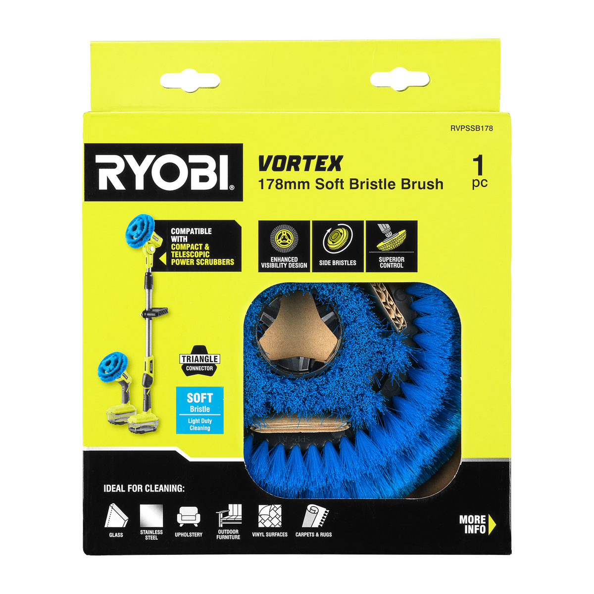 Ryobi 178mm Soft Bristle Power Scrubber Brush - Light Duty Cleaning Tool - SuperSaverAU - view 2