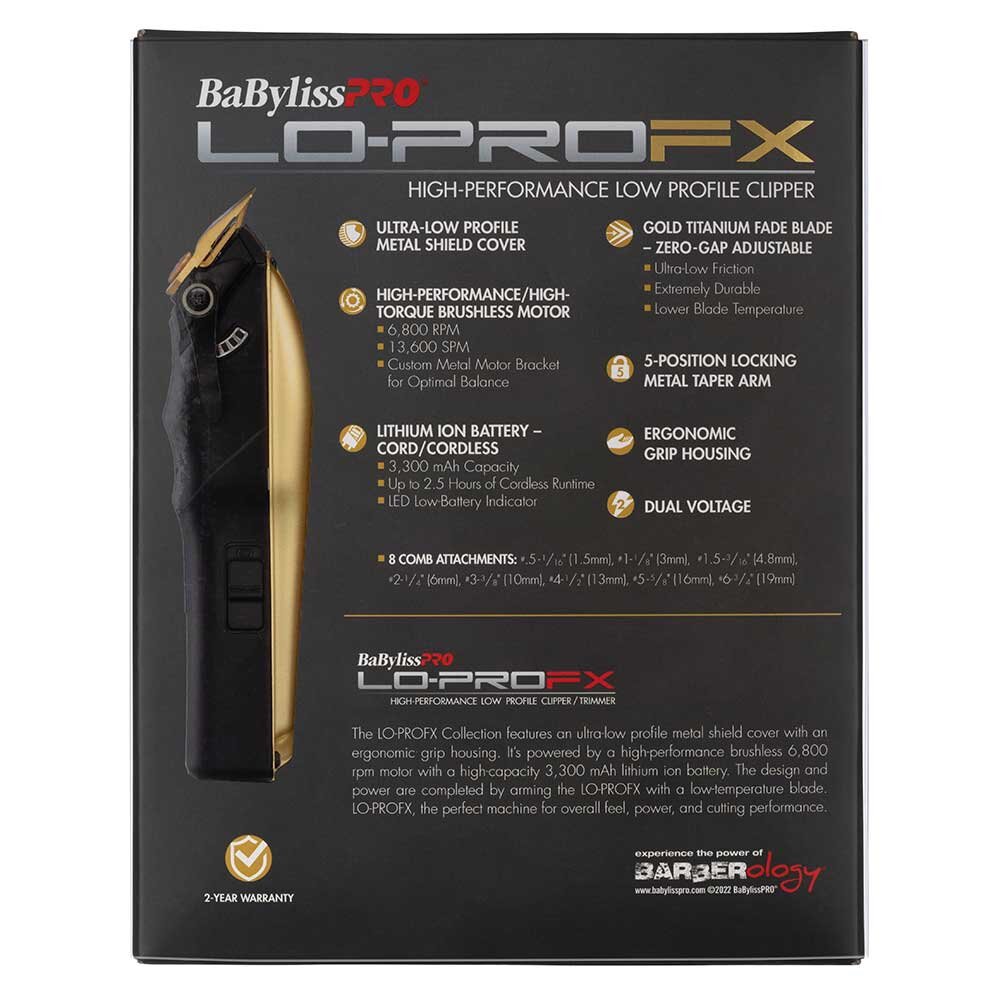 BaBylissPRO Lo-ProFX cordless hair clipper - gold, 6800RPM motor, 3300mAh lithium-ion battery - 900890