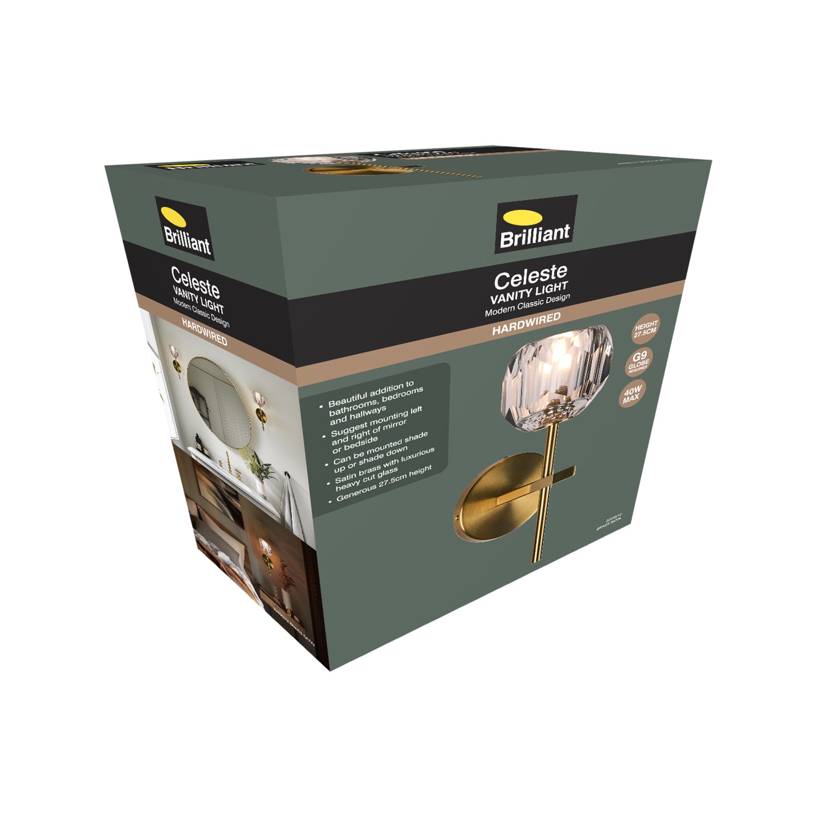 Brilliant Celeste 27.5cm Cut Glass and Satin Brass Vanity Light Indoor 22439/12