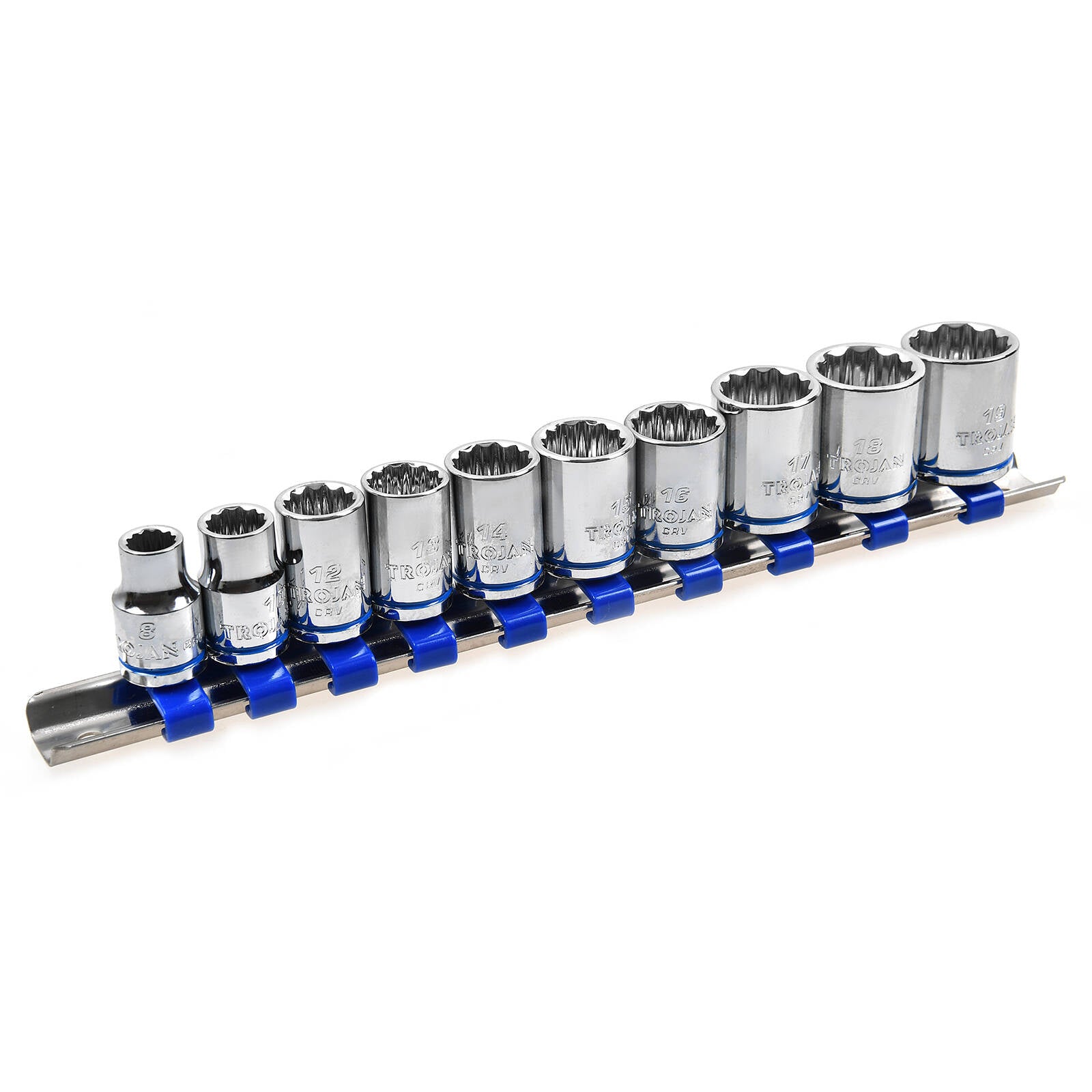 Trojan 10 Piece 3/8" Drive Metric Socket Rail Set 8mm-19mm, Chrome Vanadium