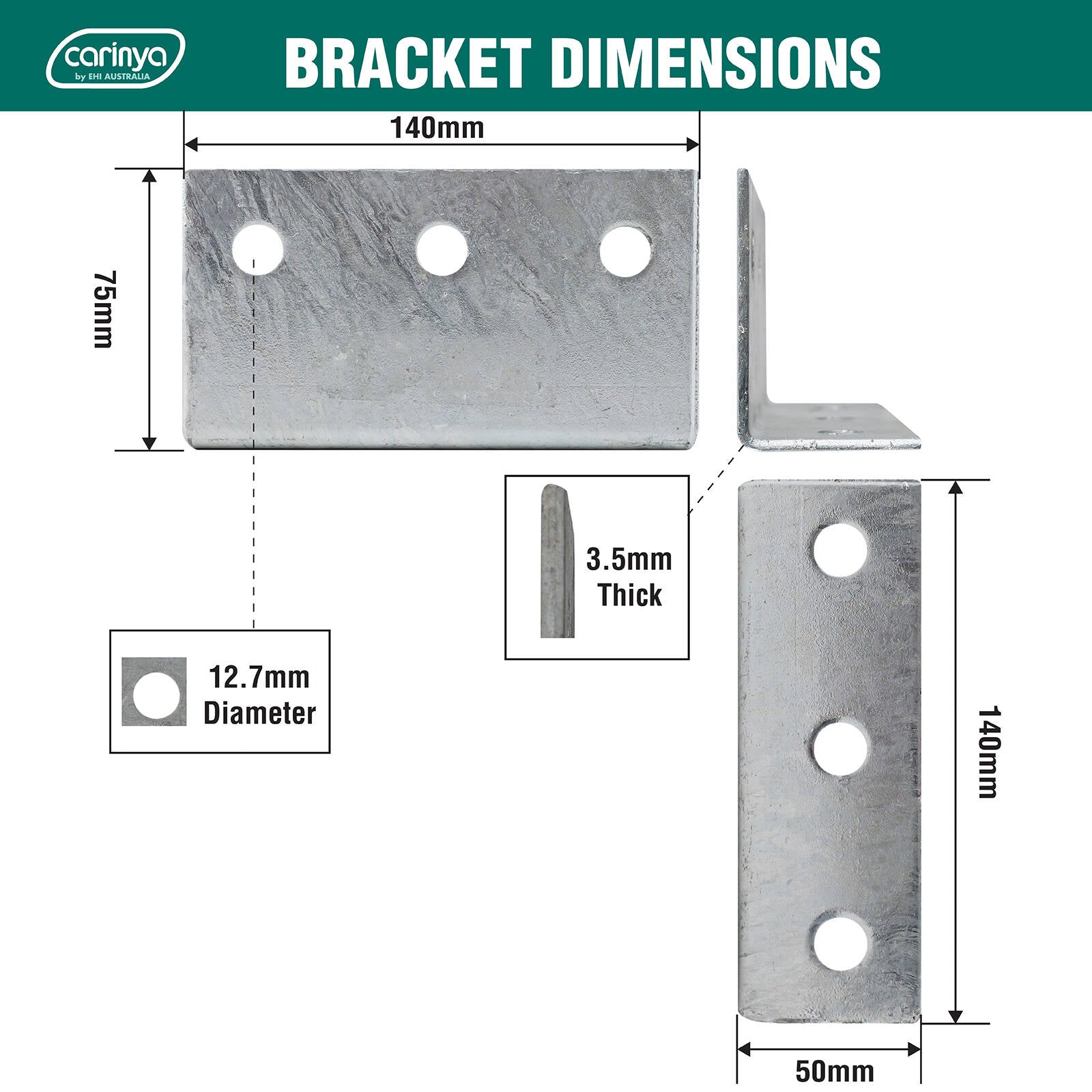 Carinya 140 x 75 x 50 x 3.5mm Hot Dipped Galvanised Reinforcing Angle Bracket