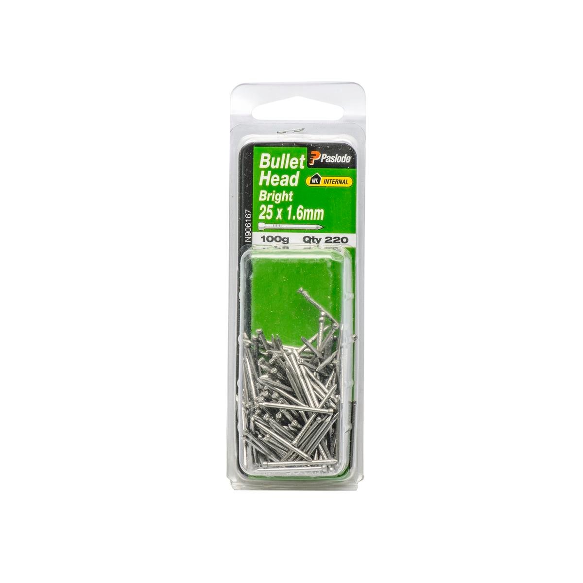Paslode 25 x 1.6mm Bright Steel Bullet Head Nails - 220 Pack, 100g, Timber