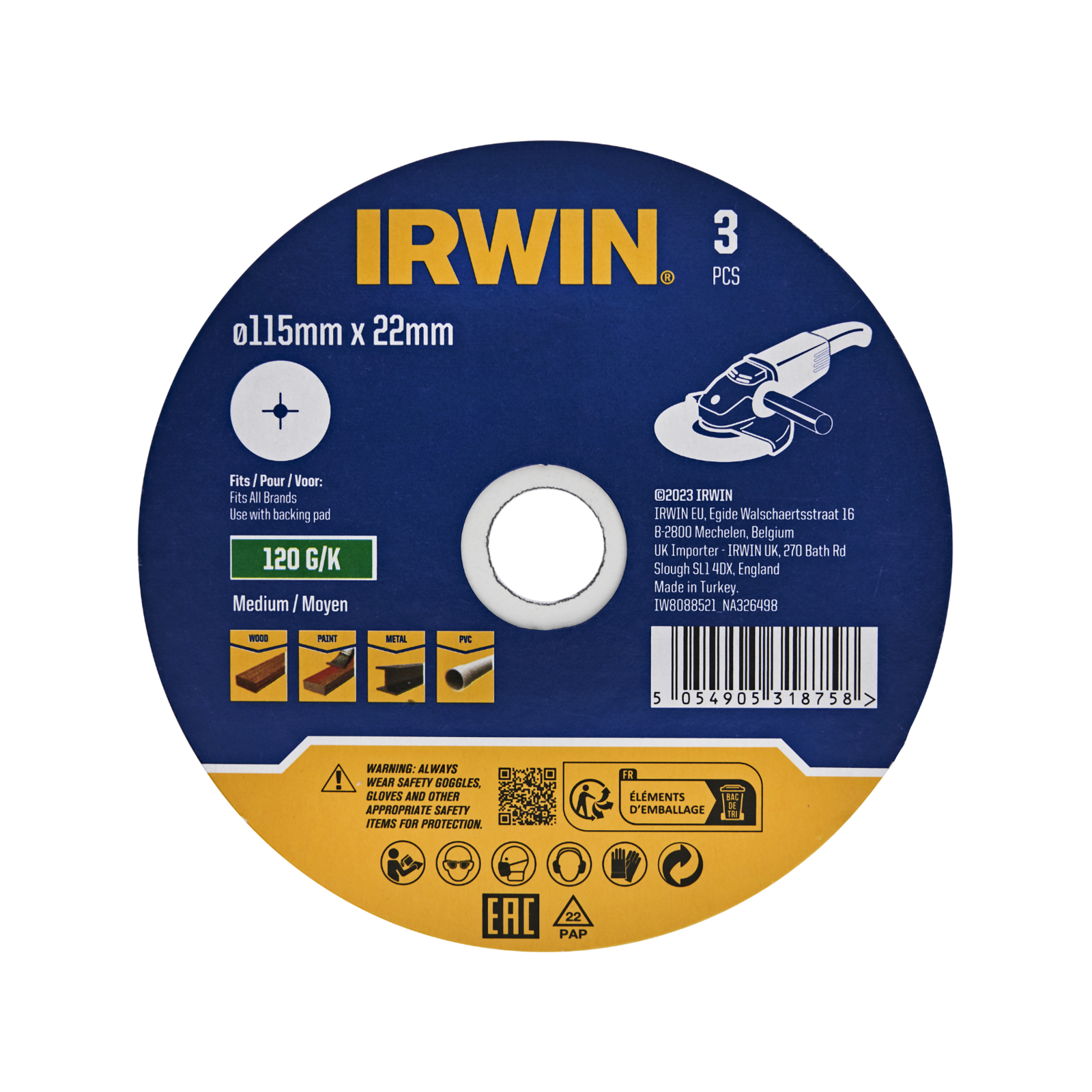 Irwin 115 x 22mm 120 Grit Fibre Disc 3 Pack for Wood & Metal