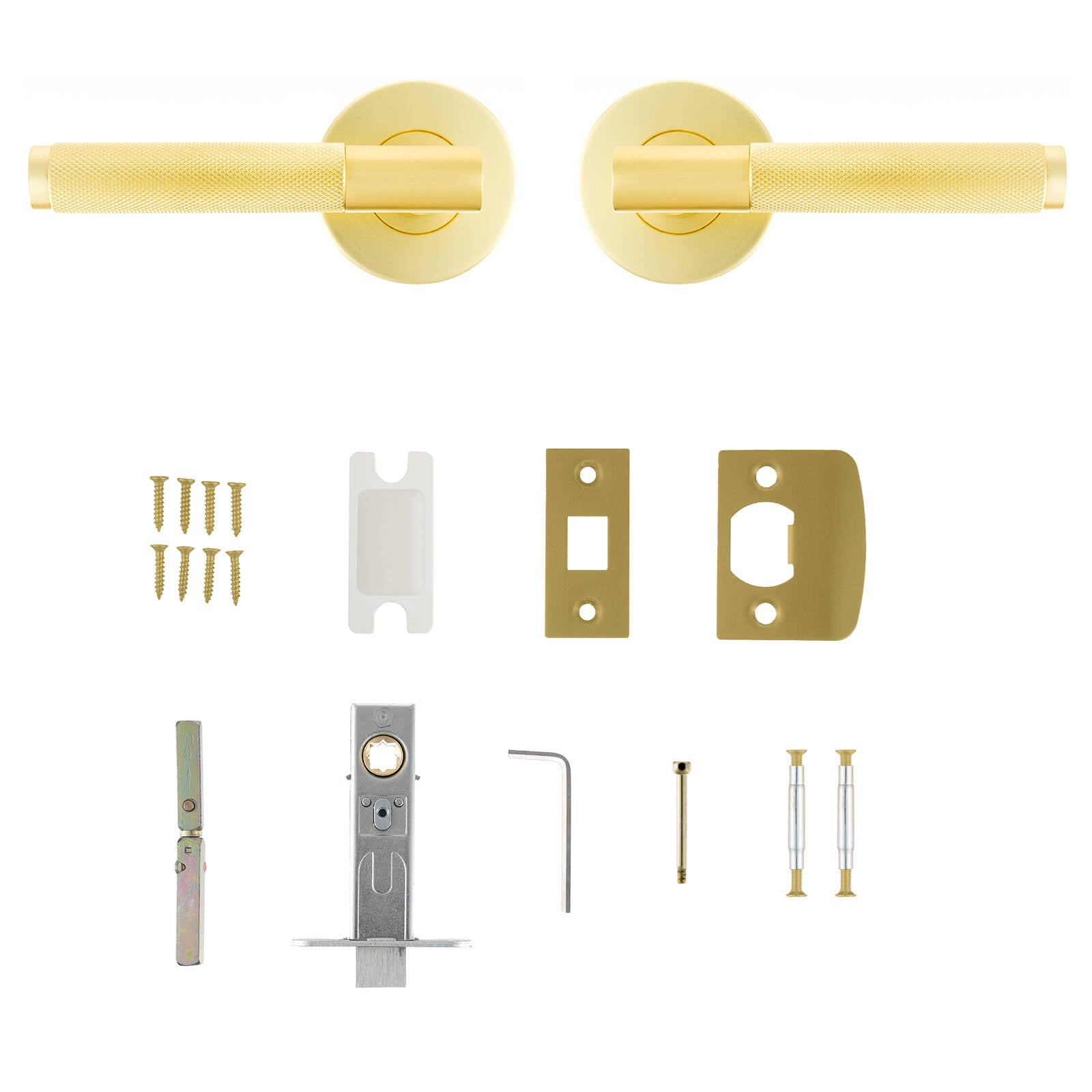 Ikonic Knurled Privacy Lever Set Brushed Brass, Zinc Construction, Snib Lock for Bathroom & Bedroom Doors