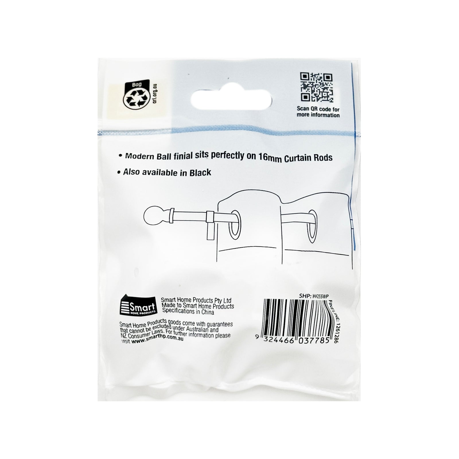 Windoware 16mm White PVC Curtain Rod Ball Finial - 2 Pack