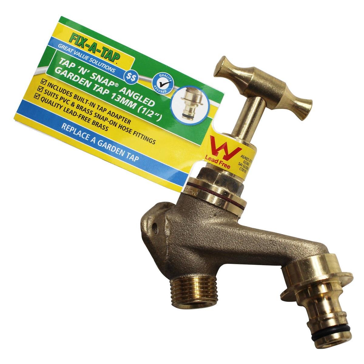 Fix a Tap 13mm Brass Lead Free T Handle Angled Garden Tap N Snap - Durable - Easy Hose Attachment - SuperSaverAU - view 1