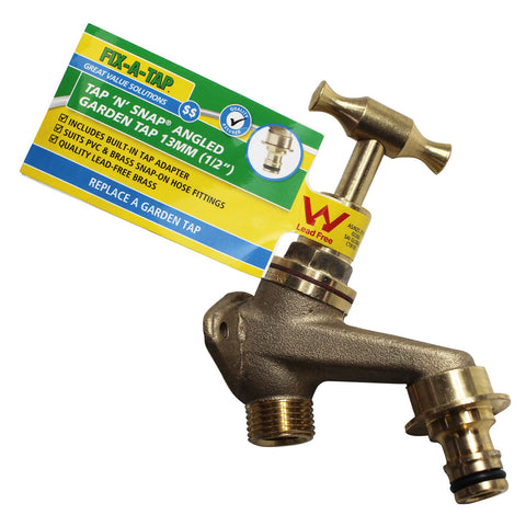 Fix-A-Tap Garden Tap 'N' Snap 13mm 1/2" Brass Lead-Free T-Handle Angled