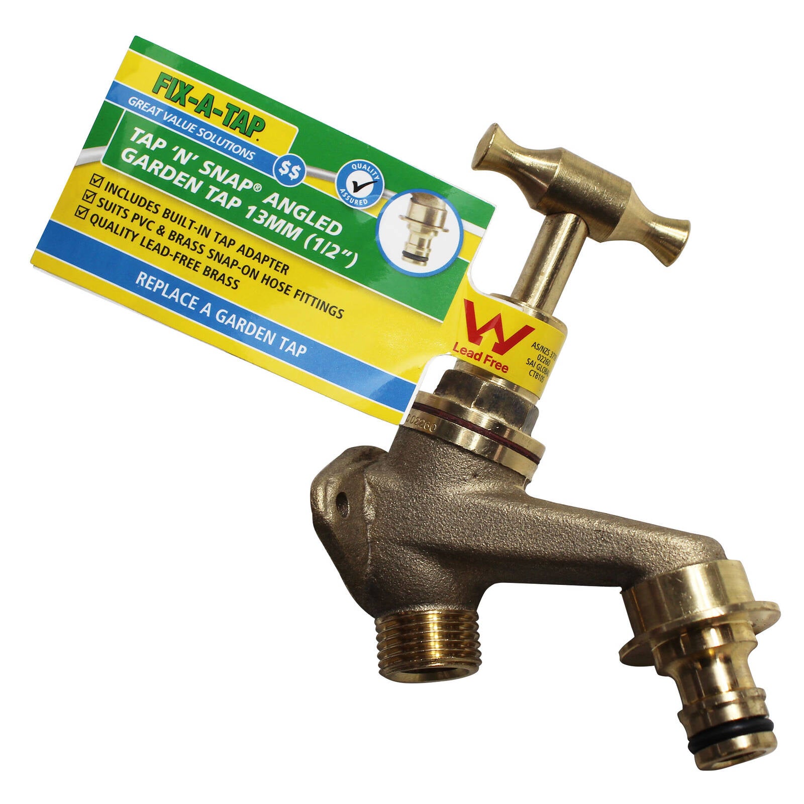 Fix-A-Tap Garden Tap 'N' Snap 13mm 1/2" Brass Lead-Free T-Handle Angled