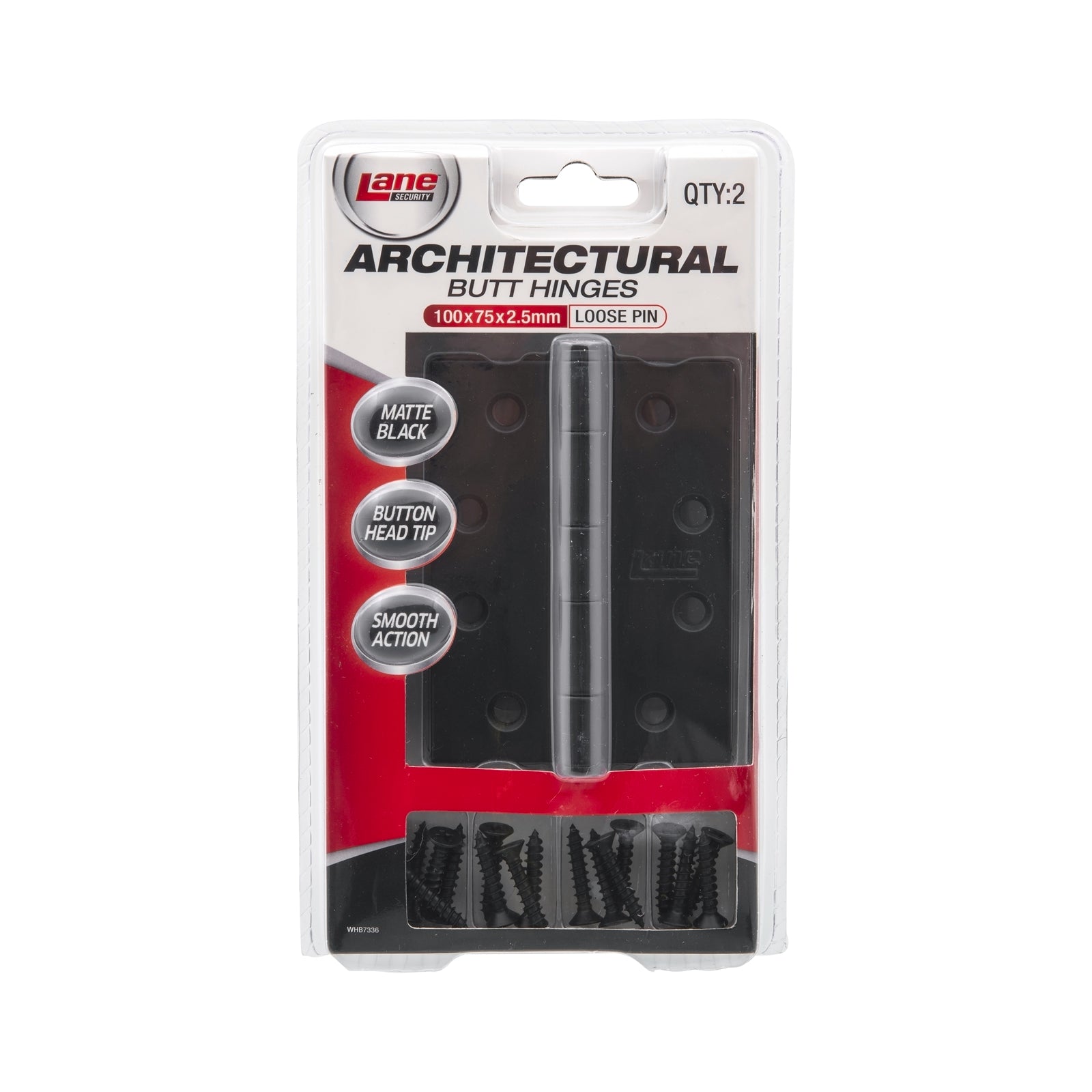 Lane 100 x 75 x 2.5mm Matte Black Loose Pin Butt Hinge, Fasteners Included, 2 Pack