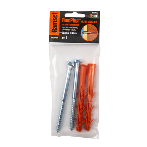 Ramset 10 x 100mm Ultra-Long RamPlug Nylon Frame Anchor, Hex - 2 Pack