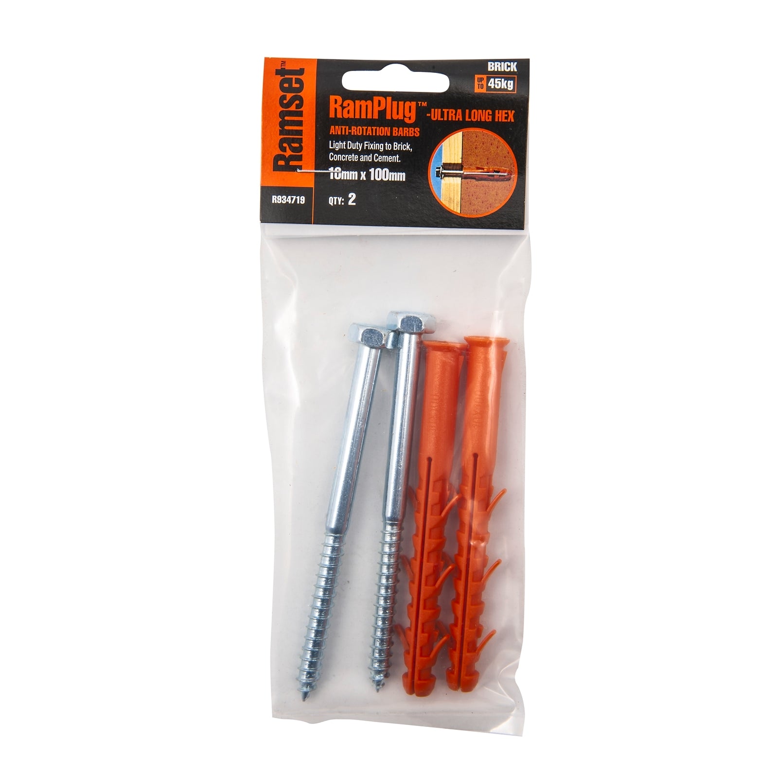 Ramset 10 x 100mm Ultra-Long RamPlug Nylon Frame Anchor, Hex - 2 Pack