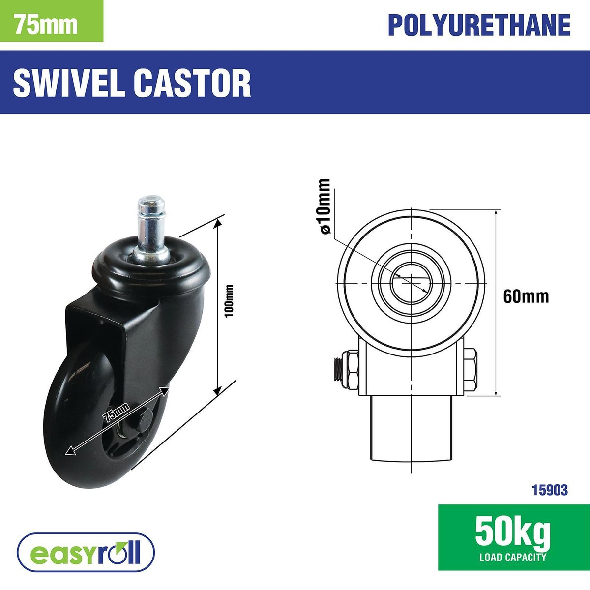 Easyroll Black Skate Furniture Swivel Castor Polyurethane